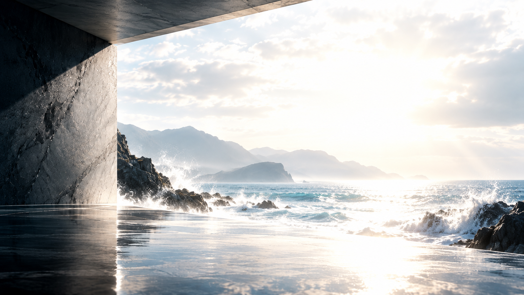 Light breaking through a concrete tunnel onto a storm-lit ocean